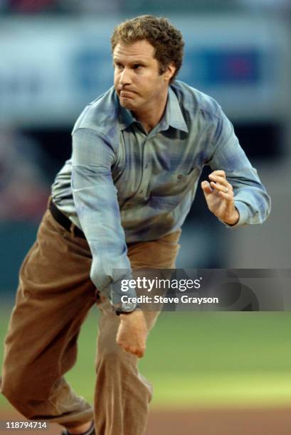 Actor Will Ferrell throws out the ceremonial first pitch prior to the start of the contest between the Chicago Cubs and the Anaheim Angels at Angel...