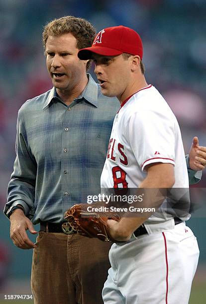 Actor Will Ferrell meets with Alex Gonzalez of the Angels after throwing out the ceremonial first pitch prior to the start of the contest between the...