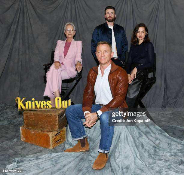 Jamie Lee Curtis, Daniel Craig, Chris Evans and Ana de Armas attend the photocall for Lionsgate's "Knives Out" at Four Seasons Hotel Los Angeles at...