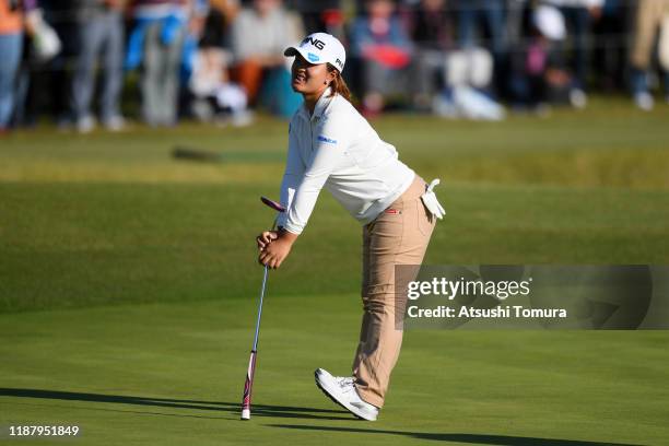 Ai Suzuki of Japan reacts after a putt on the 18th green during the second round of the Ito-En Ladies at Great Island Club on November 16, 2019 in...