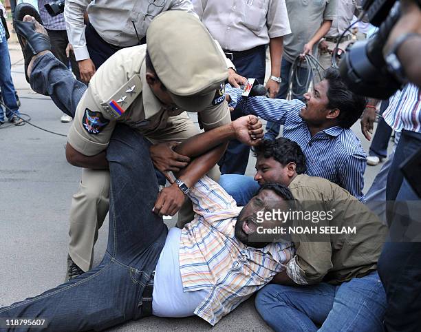 Police scuffle with student demonstrators participating in a bike rally in support of a hunger strike by Osmania University students Joint Action...