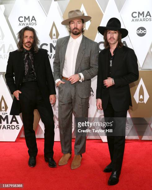 Cameron Duddy, Mark Wystrach, and Jess Carson attend the 53nd annual CMA Awards at Bridgestone Arena on November 13, 2019 in Nashville, Tennessee.