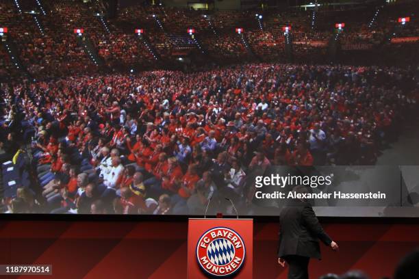 Outgoing Bayern Muenchen president Uli Hoeness leaves the stage after his last speech during the annual general meeting of FC Bayern Muenchen at...