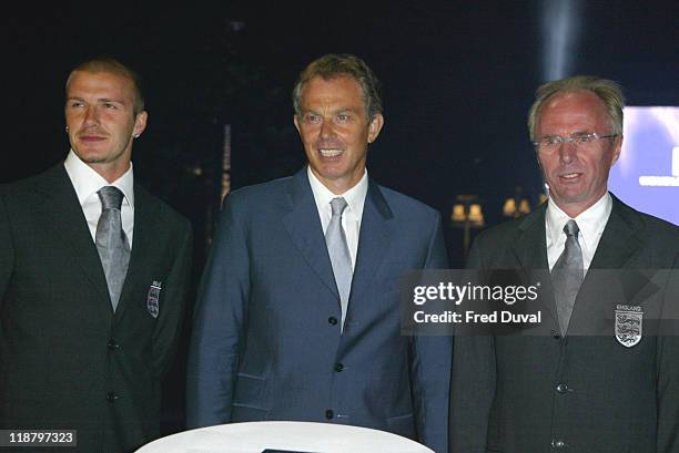 David Beckham, Prime Minister Tony Blair and Sven Goran Eriksson at Wembley Stadium's Topping Out celebration. It is a traditional ceremony which...