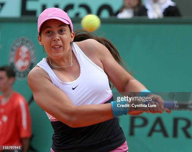 Marion Bartoli of France, in action defeating Aravane Rezai, also of France, 6-2, 6-4, in the first round of the French Open, Roland Garros, in...