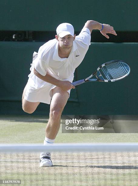 Andy Roddick during his quarterfinal match against Sebastian Grosjean at the 2005 Wimbledon Championships on June 29, 2005. Roddick won 3-6, 6-2,...