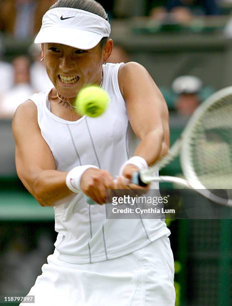 Ai Sugiyama of Japan lost to Maria Sharapova of Russia, 5-7, 7-5, 6-1, in the quarter finals of the 2004 Wimbledon Championship in London, Great...