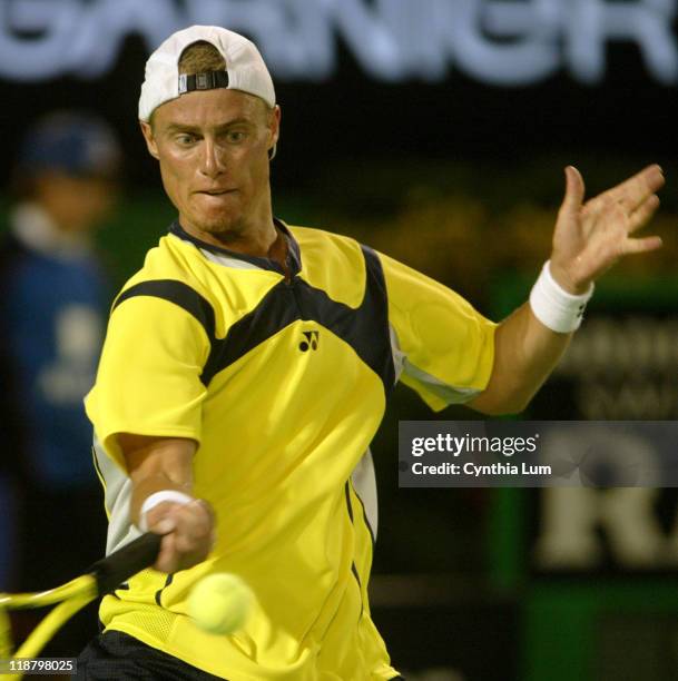 Lleyton Hewitt hits a forehand. Unseeded Juan Ignacio Chela upsets third seed, Lleyton Hewitt 6-4, 6-4, 6-7, 6-3 in the second round of the...