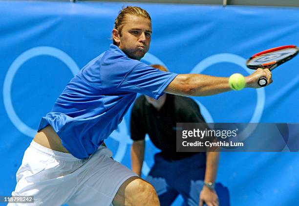 Mardy Fish of the United States scores a big upset during the Athens 2004 Olympics Games at Goudi Olympic Hall in Athens, Greece on August 17, 2004....