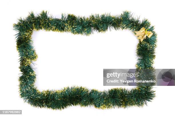 christmas frame made of fir branches. christmas wallpaper. flat lay, top view, copy space - christmas decorations stock-fotos und bilder