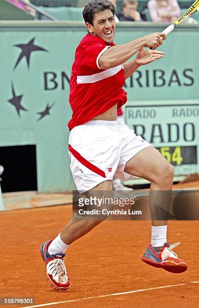 Guillermo Canas attacks the ball. Guillermo Canas defeated Paul-Henri Mathieu 6-3, 7-6, 2-6, 6-7, 8-6 in the third round of the 2005 French Open at...