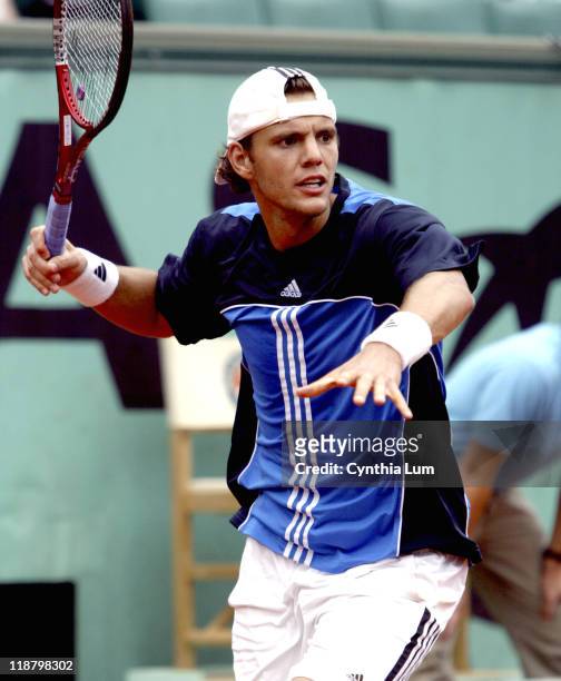 Paul-Henri Mathieu waits for the ball. Guillermo Canas defeated John Henri Mathieu 6-3, 7-6, 2-6, 6-7, 8-6 in the third round of the 2005 French Open...