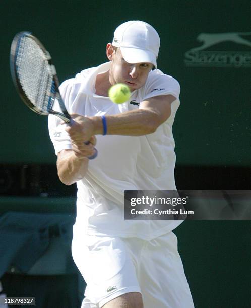 Andy Roddick during his quarterfinal match against Sebastian Grosjean at the 2005 Wimbledon Championships on June 29, 2005. Roddick won 3-6, 6-2,...