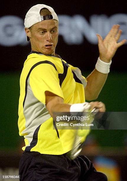 Lleyton Hewitt hits a forehand. Unseeded Juan Ignacio Chela upsets third seed, Lleyton Hewitt 6-4, 6-4, 6-7, 6-3 in the second round of the...