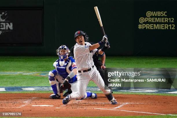 Infielder Nobuhiro Matsuda of Japan flies out in the bottom of 2nd inning during the WBSC Premier 12 Super Round game between Japan and South Korea...