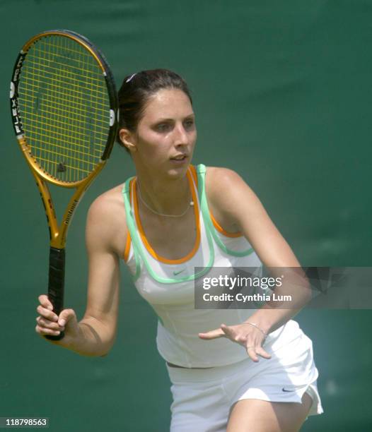 Anastasia Myskina at Wimbledon 2005 in London on June 20, 2005. Anastasia Myskina defeats Katerina Bohmova 5-7, 7-6 6-4 in the first round of the...