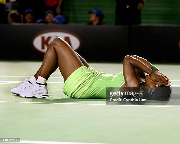 Serena Williams of the USA reacts after defeating Maria Sharapova of Russia, 6-1, 6-2, in the final of the Australian Open 2007
