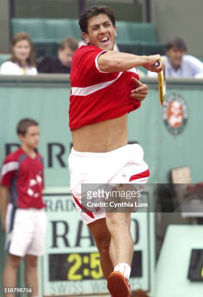 Guillermo Canas attacks the ball. Guillermo Canas defeated Paul-Henri Mathieu 6-3, 7-6, 2-6, 6-7, 8-6 in the third round of the 2005 French Open at...