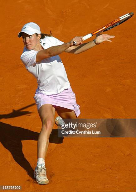 Justine Henin-Hardenne of Belgium in action during her win over Kim Clijsters of Belgium, 6-3, 6-2, in the semifinals of the 2006 French Open at...