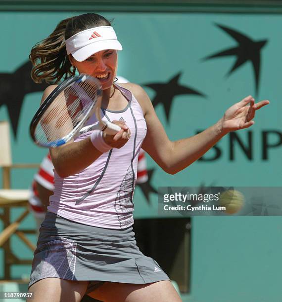 Martina Hingis of Switzerland in action during her defeat by Belgium's Kim Clijsters in the quarterfinals of the 2006 French Open at Roland Garros in...