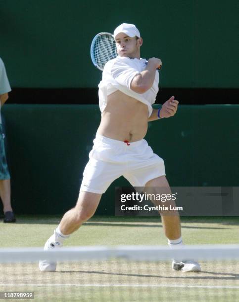 Andy Roddick during his quarterfinal match against Sebastian Grosjean at the 2005 Wimbledon Championships on June 29, 2005. Roddick won 3-6, 6-2,...