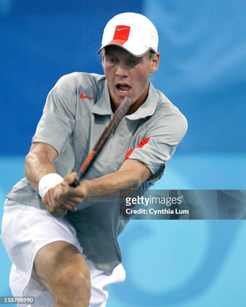 Tomas Berdych of the Czech Republic in action against Taylor Dent of the United States during the Athens 2004 Olympic Games Men's Tennis Single...