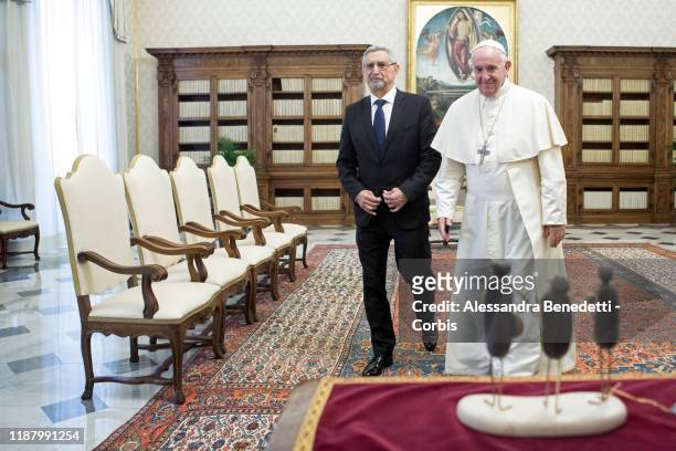 Pope Francis meets with Jorge Carlos de Almeida Fonseca, President of Cape Verde during a private audience on November 16, 2019 in Vatican City,...