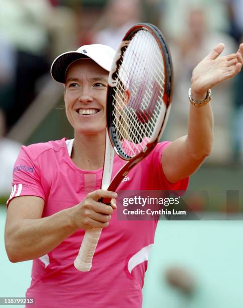 Justine Henin of Belgium, in action, defeating Serena Williams of the USA, 6-4, 6-3 in the quarter final of the French Open, at Roland Garros, Paris,...