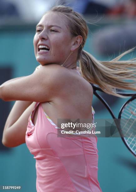 Russian's Maria Sharapova in action during her 6-0, 7-5 defeat of Alicia Molik of Australia in the third round of the French Open, Paris, France.