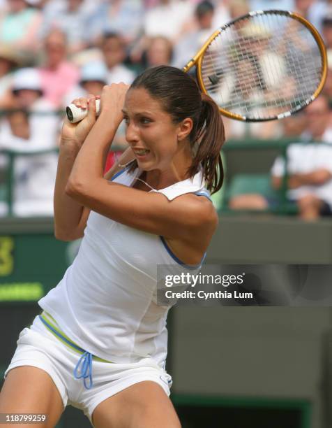 Anastasia Myskina of Russia during her 1-6, 6-3, 3-6 defeat by France's Amelie Mauresmo in the quarterfinal of the Wimbledon Championships at the All...