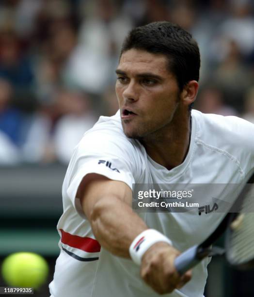 Mark Philippoussis in play during his 3 set victory against Sebastien Grosjean, 7-6, 6-3, 6-3