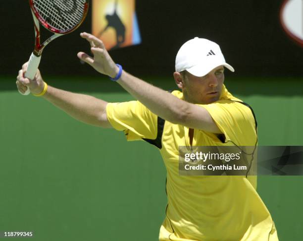 Mardy Fish of the United States looses four set match to French Open Champion Argentinian Gaston Gaudio in the second round during the 2005...