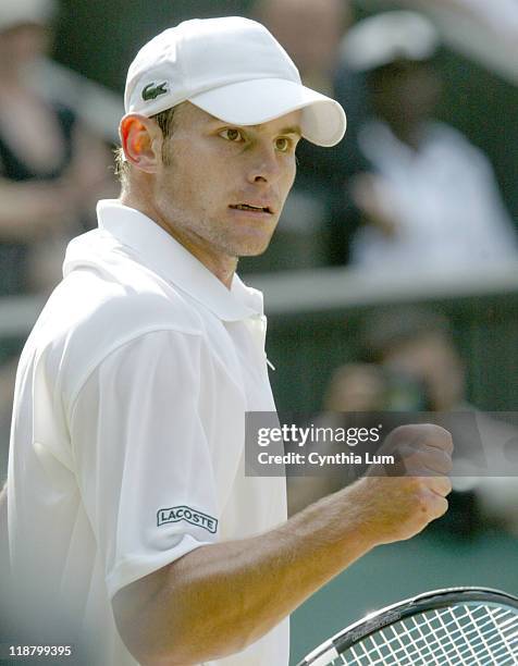 Andy Roddick during his quarterfinal match against Sebastian Grosjean at the 2005 Wimbledon Championships on June 29, 2005. Roddick won 3-6, 6-2,...