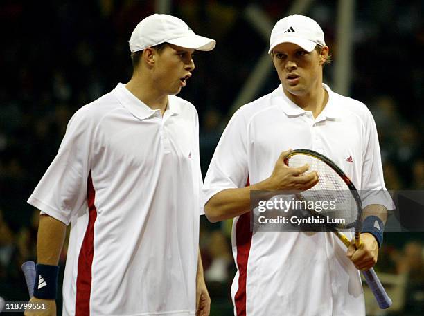 Mike Bryan and Bob Bryan of the United States during their Davis Cup final doubles match against Juan Carlos Ferrero and Tommy Robredo of Spain at La...