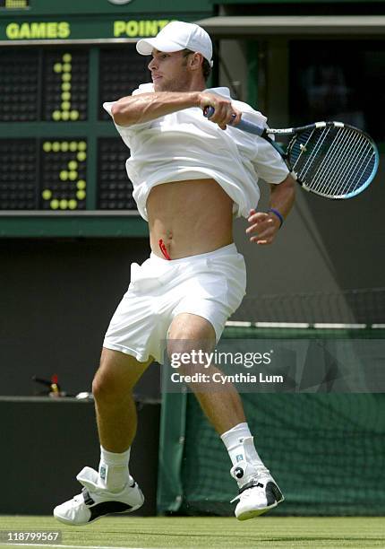 Andy Roddick during his first round match against Jiri Vanek in 2005 All England Championship on June 21, 2005. Roddick was leading 6-1, 7-6, 5-1.