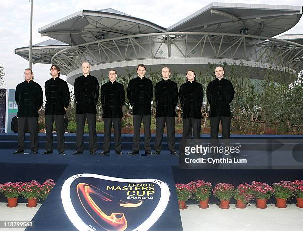 David Nalbandian, Rafael Nadal, Ivan Ljubicic, Gaston Gaudio, Roger Federer, Nicolay Davydenko, Guillermo Coria and Andre Agassi during the Opening...