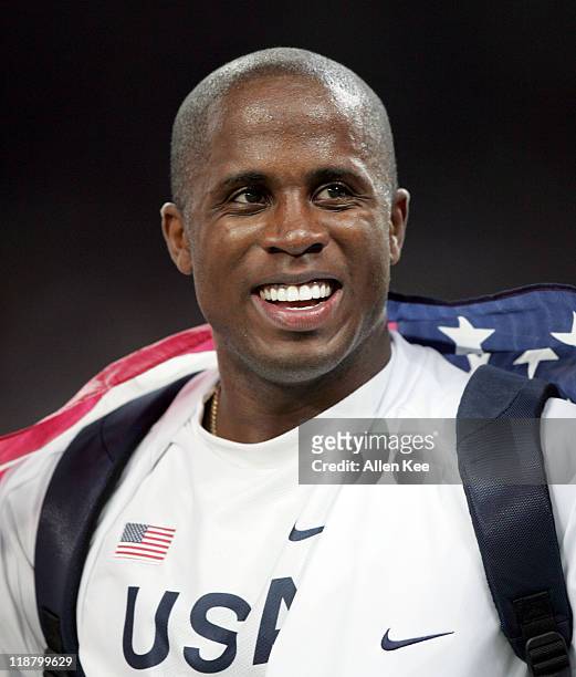 Dwight Phillips of the United States in the men's long jump final at Olympic Stadium at the Athens 2004 Olympic Games in Athens, Greece on August 26,...