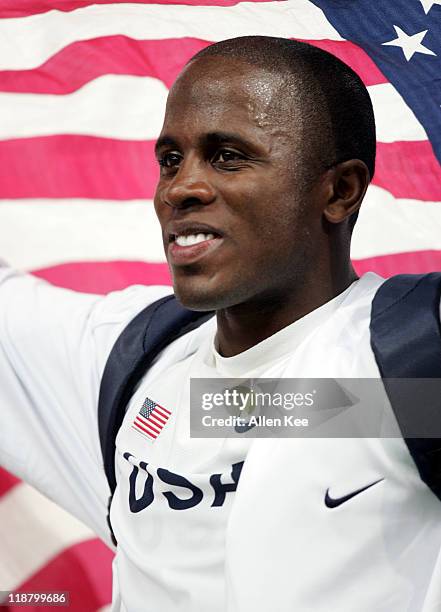 Dwight Phillips of the United States in the men's long jump final at Olympic Stadium at the Athens 2004 Olympic Games in Athens, Greece on August 26,...