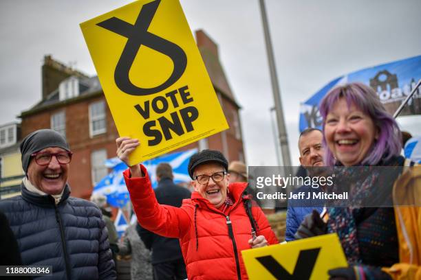 Supporters wait for Nicol Sturgeon and Dave Doogan, SNP candidate for Angus, during a election campaign event on November 16, 2019 in Arbroath,...