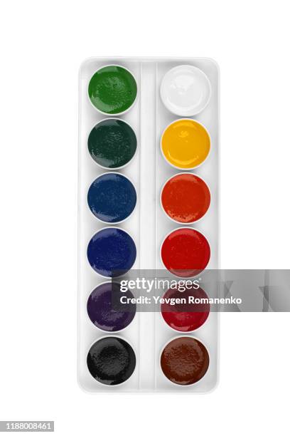 watercolour paint in white box, isolated on white background - pallet stock pictures, royalty-free photos & images