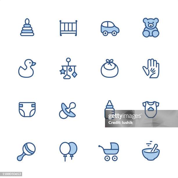 baby-waren - pixel perfekte blaue umriss-symbole - schnuller stock-grafiken, -clipart, -cartoons und -symbole
