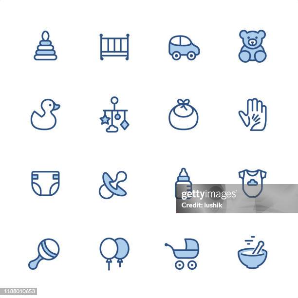 baby goods - pixel perfect blue outline icons - baby clothing stock illustrations