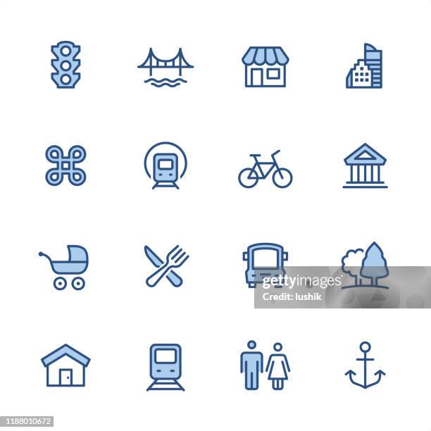 urban life - pixel perfect blue outline icons - pedestrian area stock illustrations
