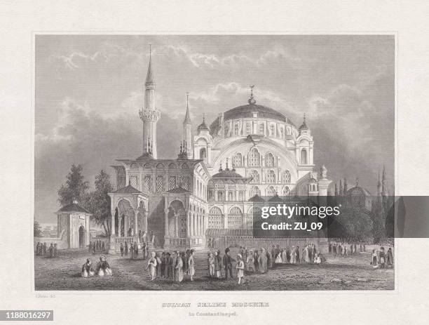 yavuz selim mosque, istanbul, turkey, steel engraving, published in 1857 - mosque selim be stock illustrations