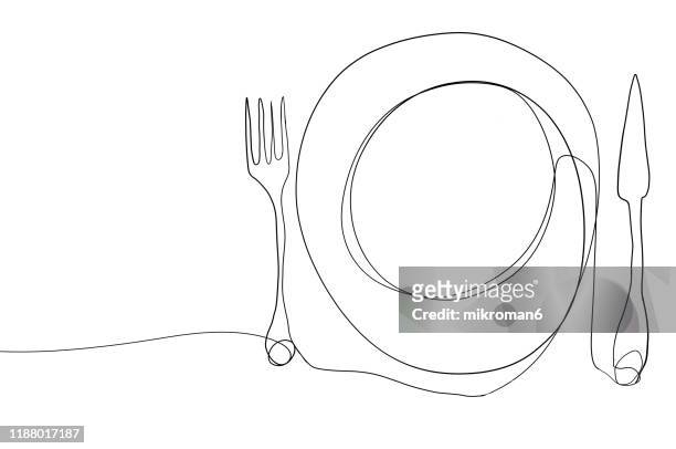single line drawing of a plate and cutlery - doodle gifts stockfoto's en -beelden