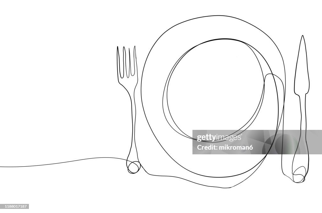Single line drawing of a plate and cutlery