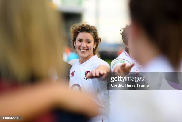 Sarah Hunter of England Women celebrates at the final whistle during the Quilter International match between England Women and France Women at Sandy...