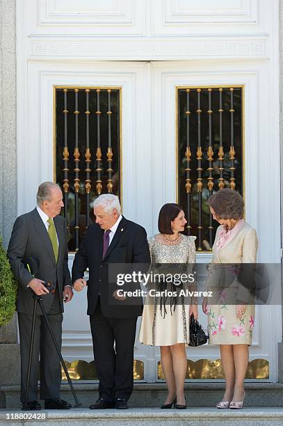 King Juan Carlos of Spain and Queen Sofia of Spain receive Panama's President Ricardo Martinelli and wife Marta Linares de Martinelli at Zarzuela...