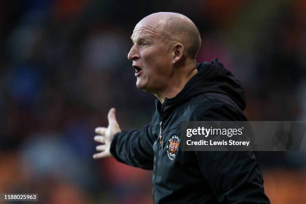 Simon Grayson, manager of Blackpool reacts during the Sky Bet League One match between Blackpool and AFC Wimbledon at Bloomfield Road on November 16,...