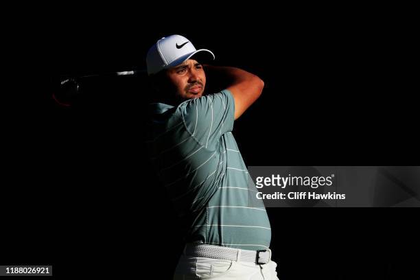 Jason Day of Australia plays his shot from the 13th tee during the second round of the Mayakoba Golf Classic at El Camaleon Mayakoba Golf Course on...